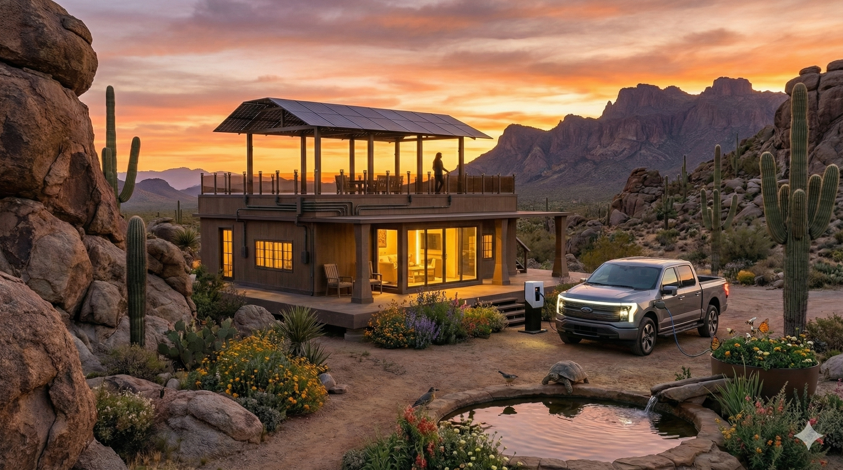 Habitat and Terrain Unification — solar powered dwelling, desert tortoise, native wildflowers, Ford Lightning charging, Superstition Mountains, Sonoran Desert at sunset
