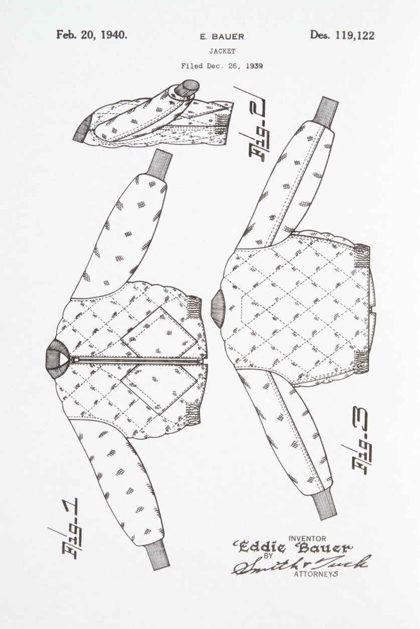 Technical patent drawing for Eddie Bauer's quilted down jacket, Des. 119122, filed December 26 1939, signed Eddie Bauer Inventor