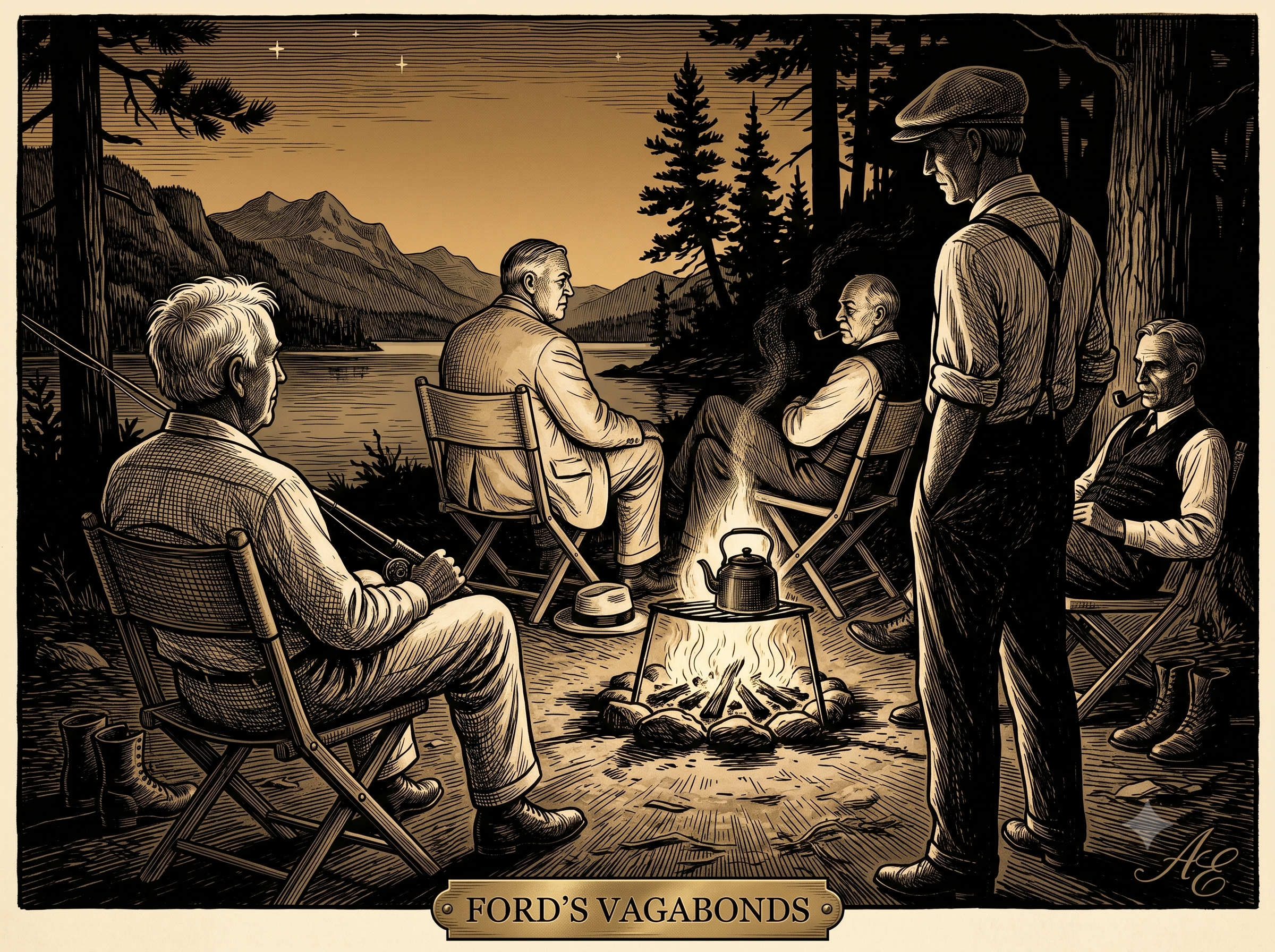 Ford's Vagabonds — four men at a mountain campfire