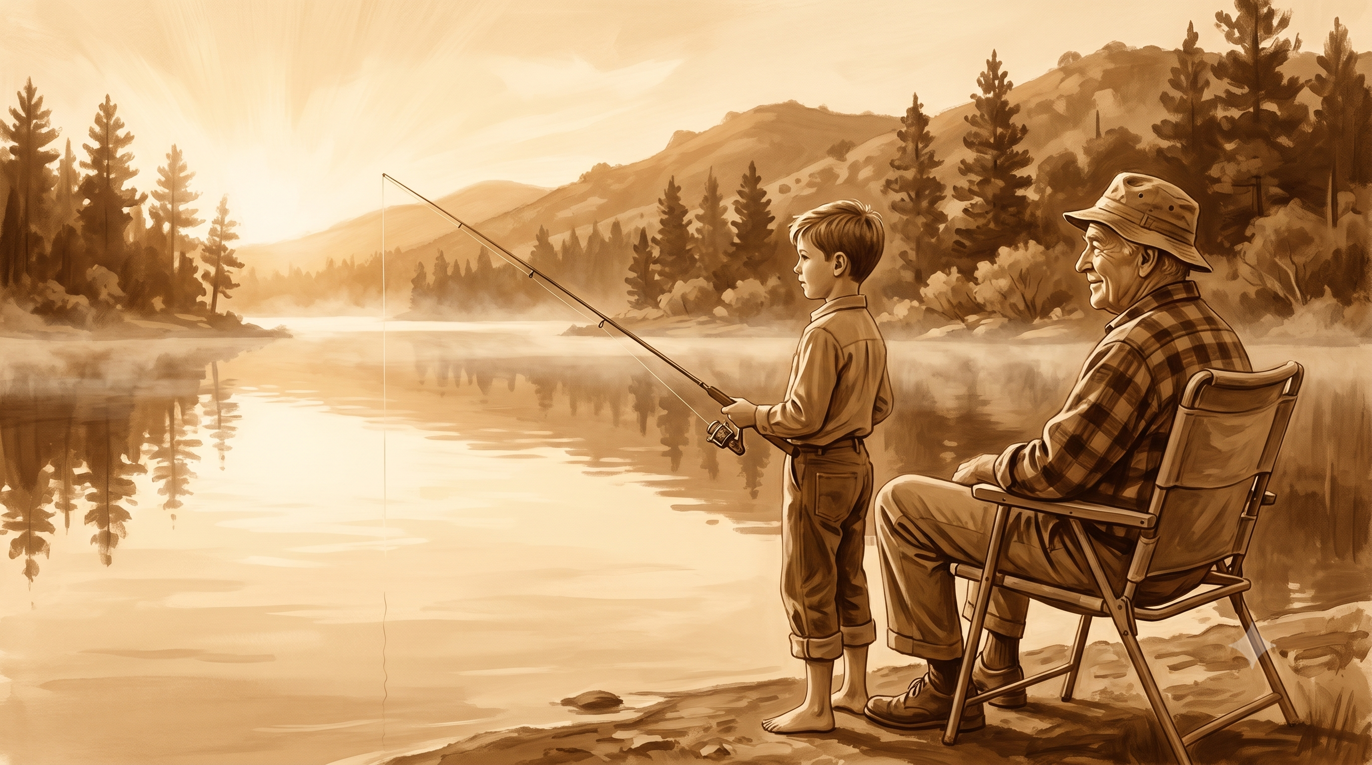 Huck and Gramps fishing at Lake Cuyamaca at dawn